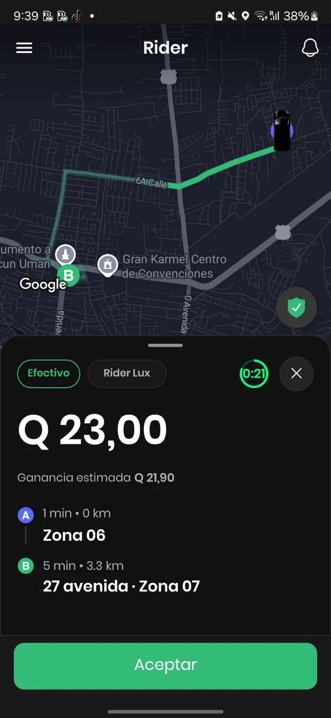 Pantalla de la app Rider: aceptá la tarifa con tu ganancia estimada